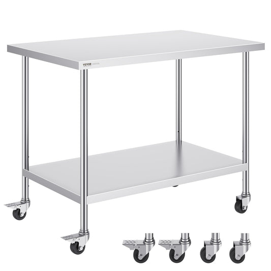 VEVOR Stainless Steel Work Table 30 x 48 x 38 Inch, with 4 Wheels, 3 Adjustable