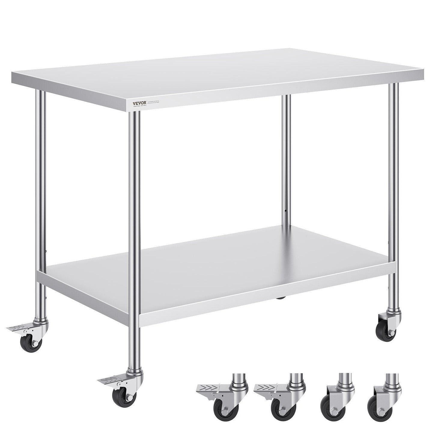 Stainless Steel Work Table with Wheels, Adjustable Height for Kitchen Use, 0.76 x 1.22 x 0.97 m
