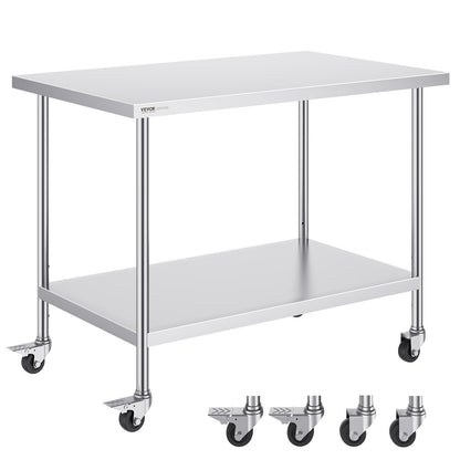 Stainless Steel Work Table with Wheels, Adjustable Height for Kitchen Use, 0.76 x 1.22 x 0.97 m