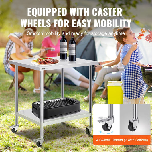 Stainless Steel Kitchen Work Table on Wheels, Adjustable Height, 0.76 x 0.91 x 0.95m