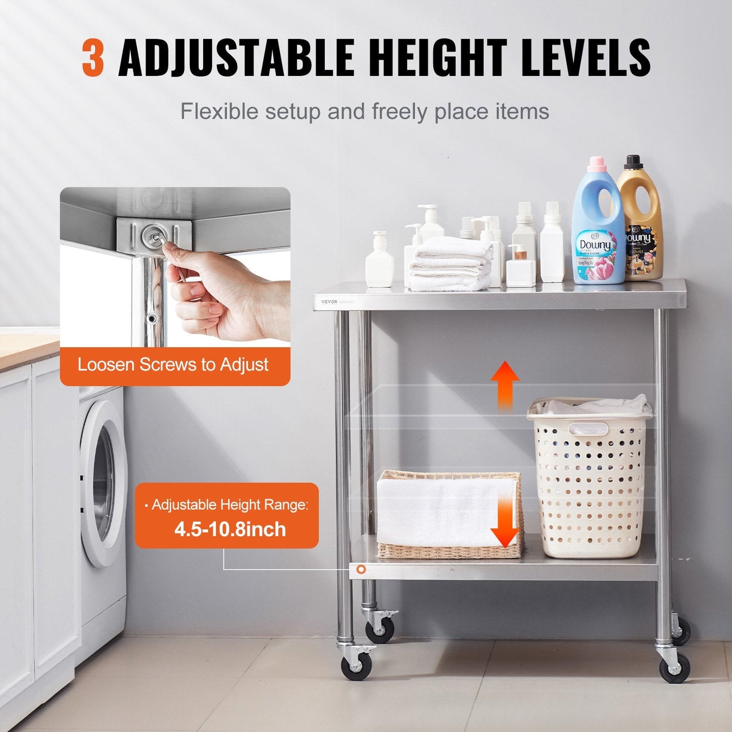 Stainless Steel Kitchen Work Table on Wheels, Adjustable Height, 0.76 x 0.91 x 0.95m
