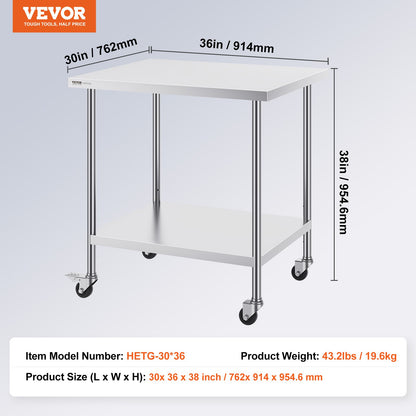 VEVOR Stainless Steel Work Table 30 x 36 x 38 Inch, with 4 Wheels, 3 Adjustable