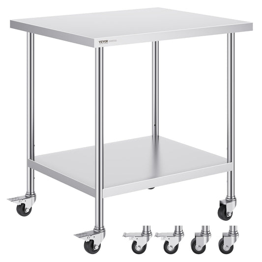 VEVOR Stainless Steel Work Table 30 x 36 x 38 Inch, with 4 Wheels, 3 Adjustable