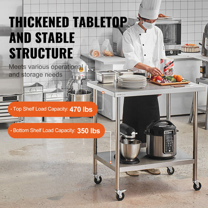 VEVOR Stainless Steel Work Table 30 x 18 x 38 Inch, with 4 Wheels, 3 Adjustable