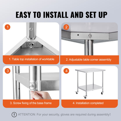 VEVOR Stainless Steel Work Table 30 x 18 x 38 Inch, with 4 Wheels, 3 Adjustable