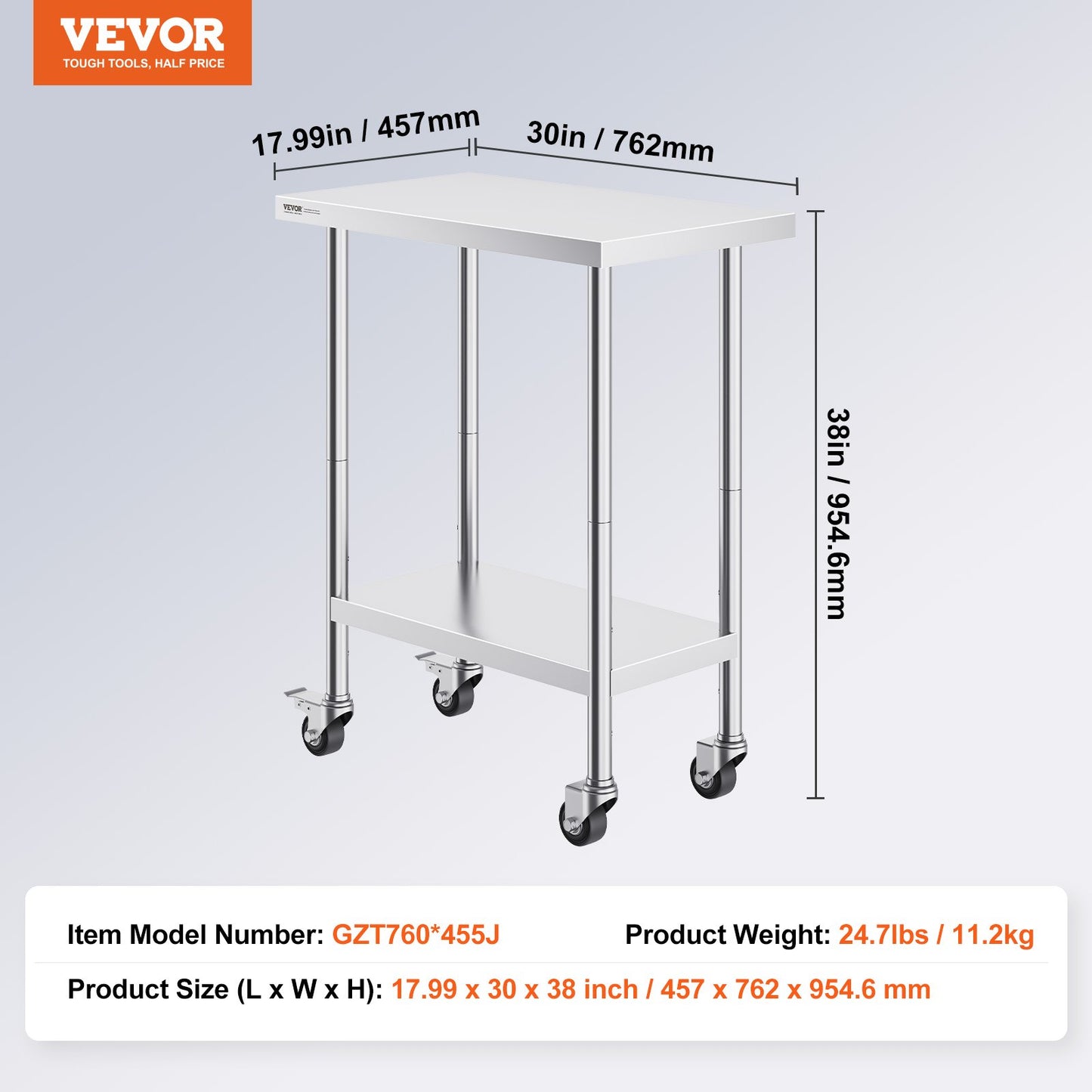 VEVOR Stainless Steel Work Table 30 x 18 x 38 Inch, with 4 Wheels, 3 Adjustable
