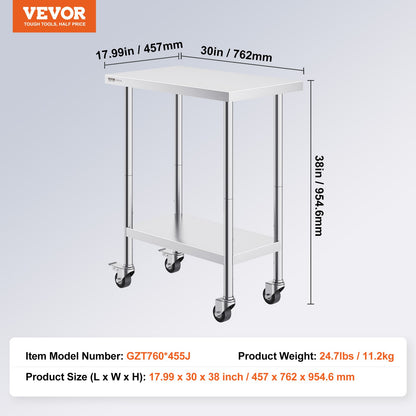 VEVOR Stainless Steel Work Table 30 x 18 x 38 Inch, with 4 Wheels, 3 Adjustable