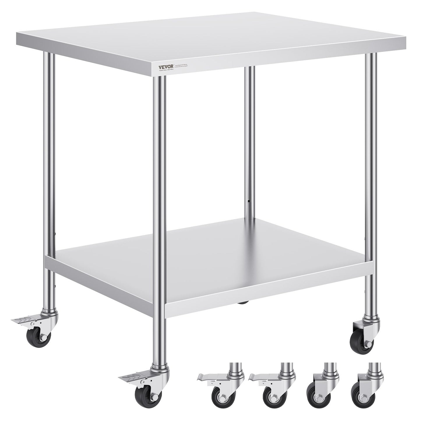 VEVOR Stainless Steel Work Table 30 x 18 x 38 Inch, with 4 Wheels, 3 Adjustable