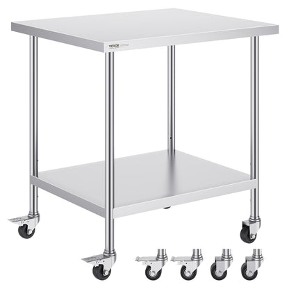 VEVOR Stainless Steel Work Table 30 x 18 x 38 Inch, with 4 Wheels, 3 Adjustable