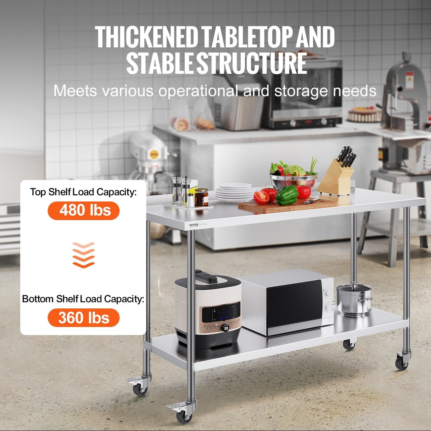 Stainless Steel Work Table, 0.6 x 1.5 x 1 Meter, Adjustable Height, with Casters