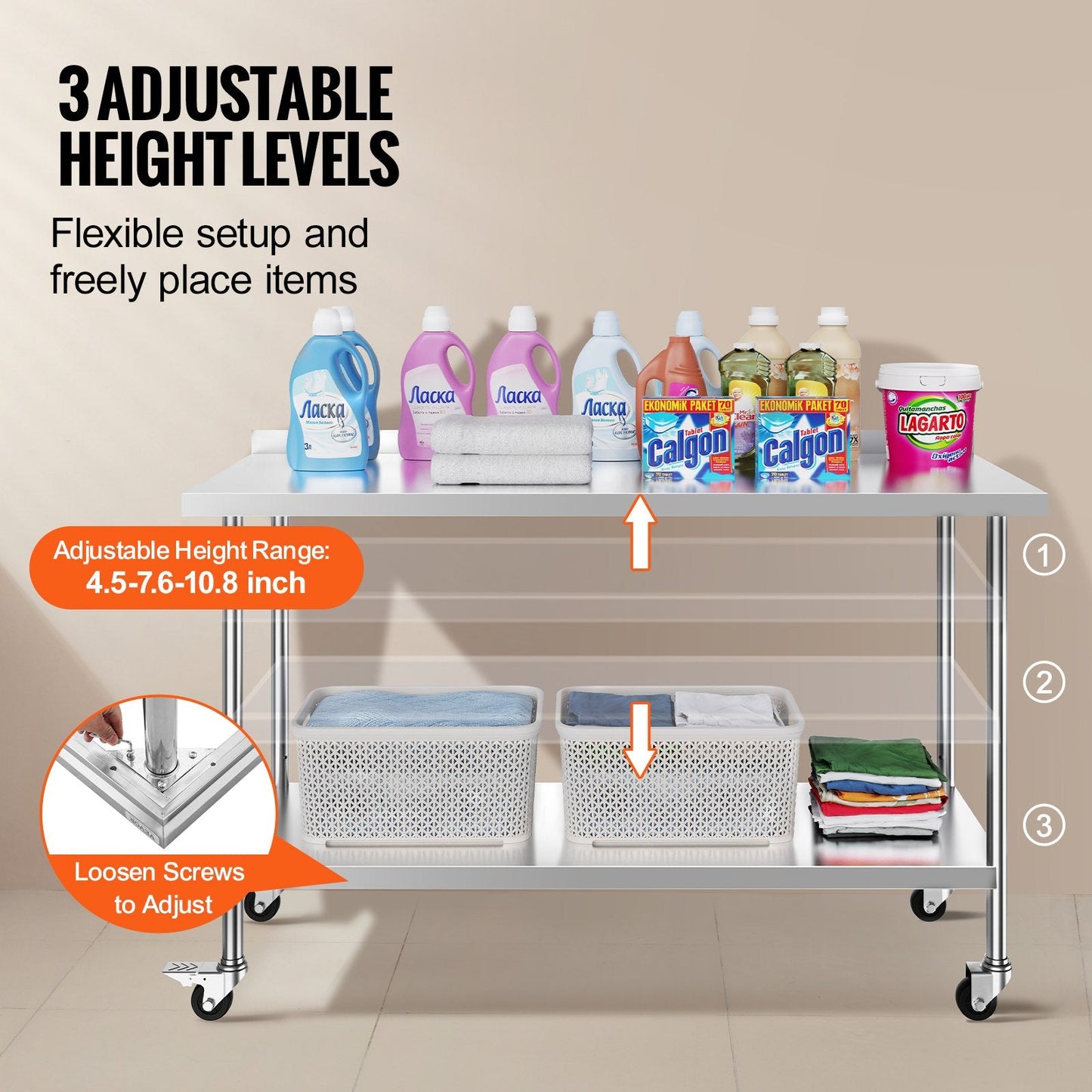 Stainless Steel Work Table, 0.6 x 1.5 x 1 Meter, Adjustable Height, with Casters