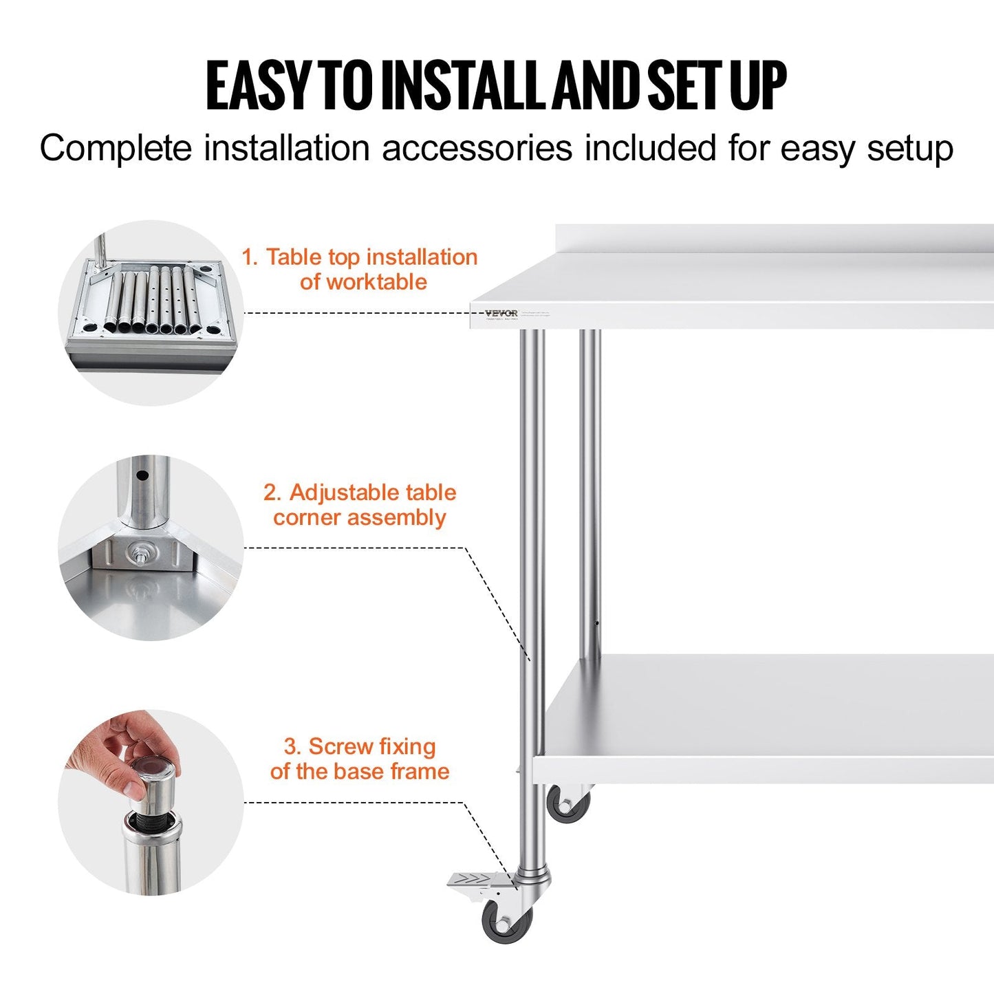 Stainless Steel Work Table, 0.6 x 1.5 x 1 Meter, Adjustable Height, with Casters