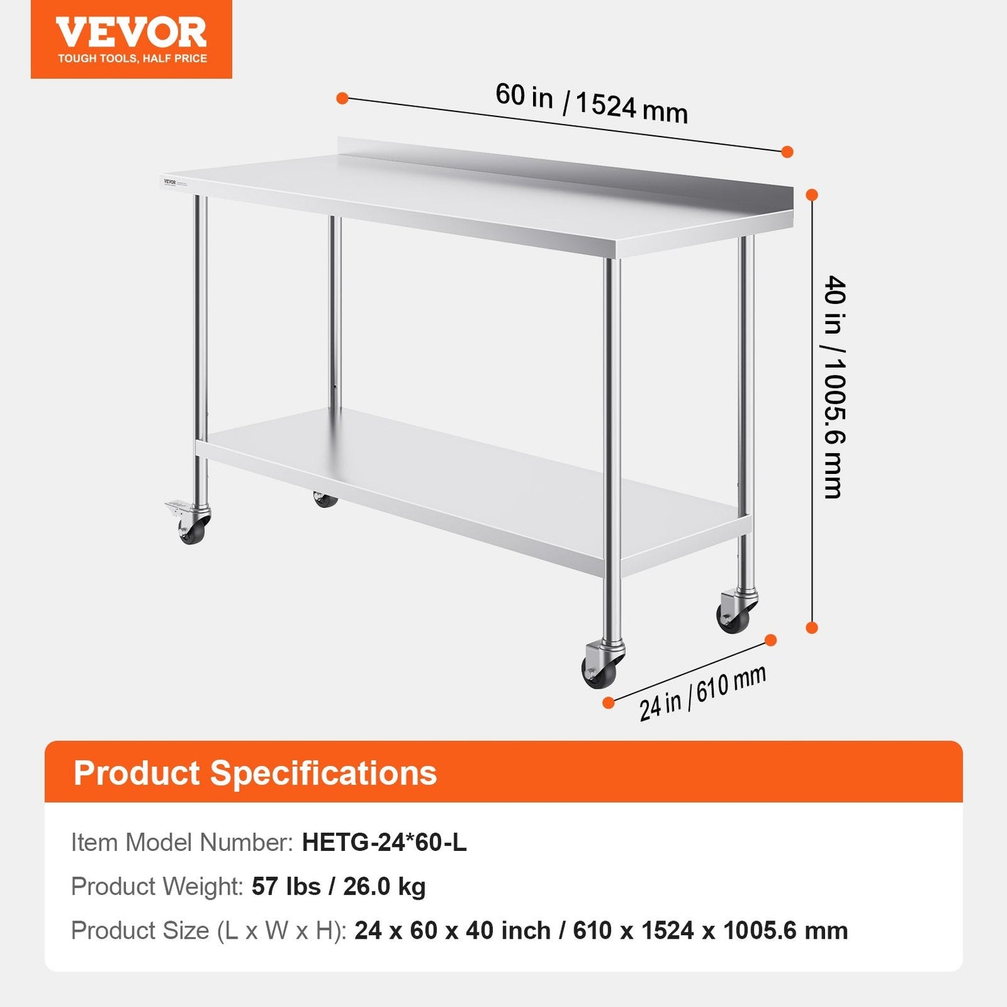 Stainless Steel Work Table, 0.6 x 1.5 x 1 Meter, Adjustable Height, with Casters