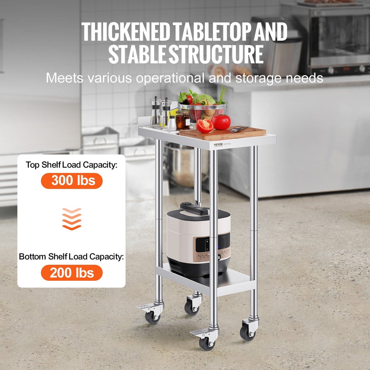 Stainless Steel Food Prep Table with Casters, Adjustable Height, 0.61 x 0.38 x 1.02 m