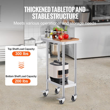 Stainless Steel Food Prep Table with Casters, Adjustable Height, 0.61 x 0.38 x 1.02 m