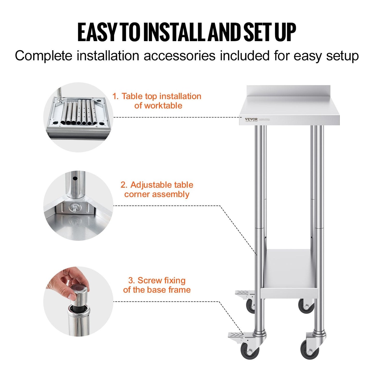 Stainless Steel Food Prep Table with Casters, Adjustable Height, 0.61 x 0.38 x 1.02 m