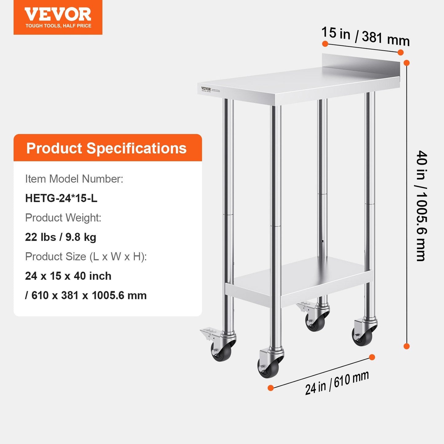 Stainless Steel Food Prep Table with Casters, Adjustable Height, 0.61 x 0.38 x 1.02 m