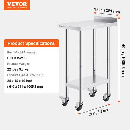 Stainless Steel Food Prep Table with Casters, Adjustable Height, 0.61 x 0.38 x 1.02 m