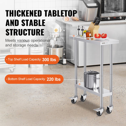VEVOR Stainless Steel Work Table 30 x 12 x 38 Inch, with 4 Wheels, 3 Adjustable