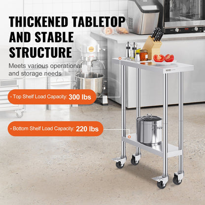 Stainless Steel Mobile Worktable, 0.76 x 0.30 x 0.95m, Adjustable for Kitchens