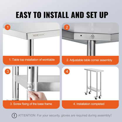 VEVOR Stainless Steel Work Table 30 x 12 x 38 Inch, with 4 Wheels, 3 Adjustable