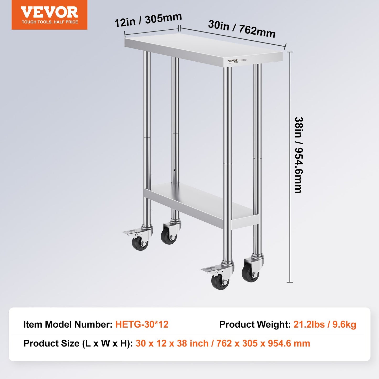 VEVOR Stainless Steel Work Table 30 x 12 x 38 Inch, with 4 Wheels, 3 Adjustable
