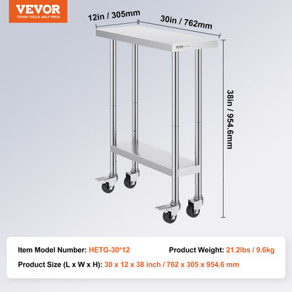 VEVOR Stainless Steel Work Table 30 x 12 x 38 Inch, with 4 Wheels, 3 Adjustable