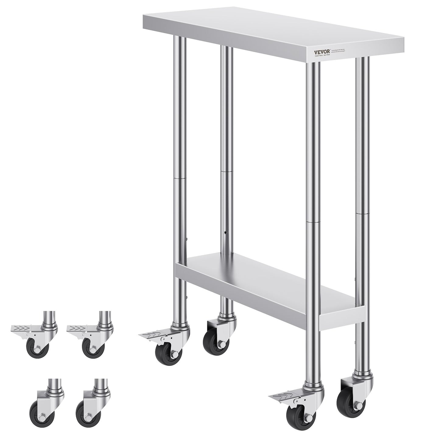 VEVOR Stainless Steel Work Table 30 x 12 x 38 Inch, with 4 Wheels, 3 Adjustable