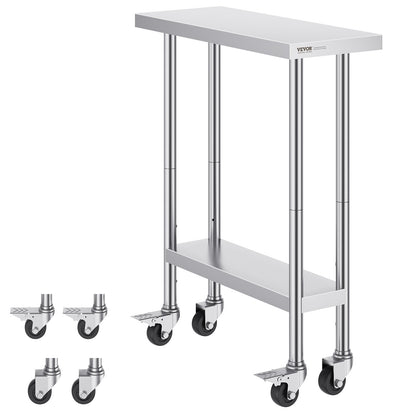 VEVOR Stainless Steel Work Table 30 x 12 x 38 Inch, with 4 Wheels, 3 Adjustable