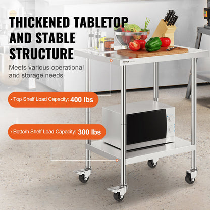VEVOR Stainless Steel Work Table 24 x 30 x 38 Inch, with 4 Wheels, 3 Adjustable