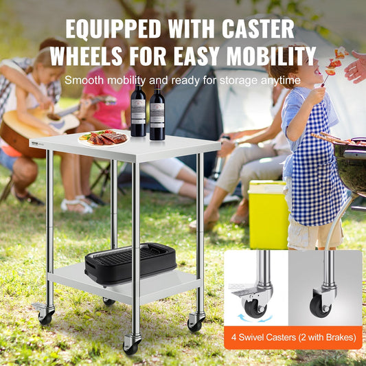 Stainless Steel Work Table with Wheels, Adjustable Height, 0.61 x 0.76 x 0.95 m