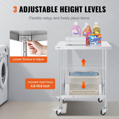 Stainless Steel Work Table with Wheels, Adjustable Height, 0.61 x 0.76 x 0.95 m