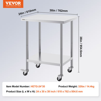 VEVOR Stainless Steel Work Table 24 x 30 x 38 Inch, with 4 Wheels, 3 Adjustable