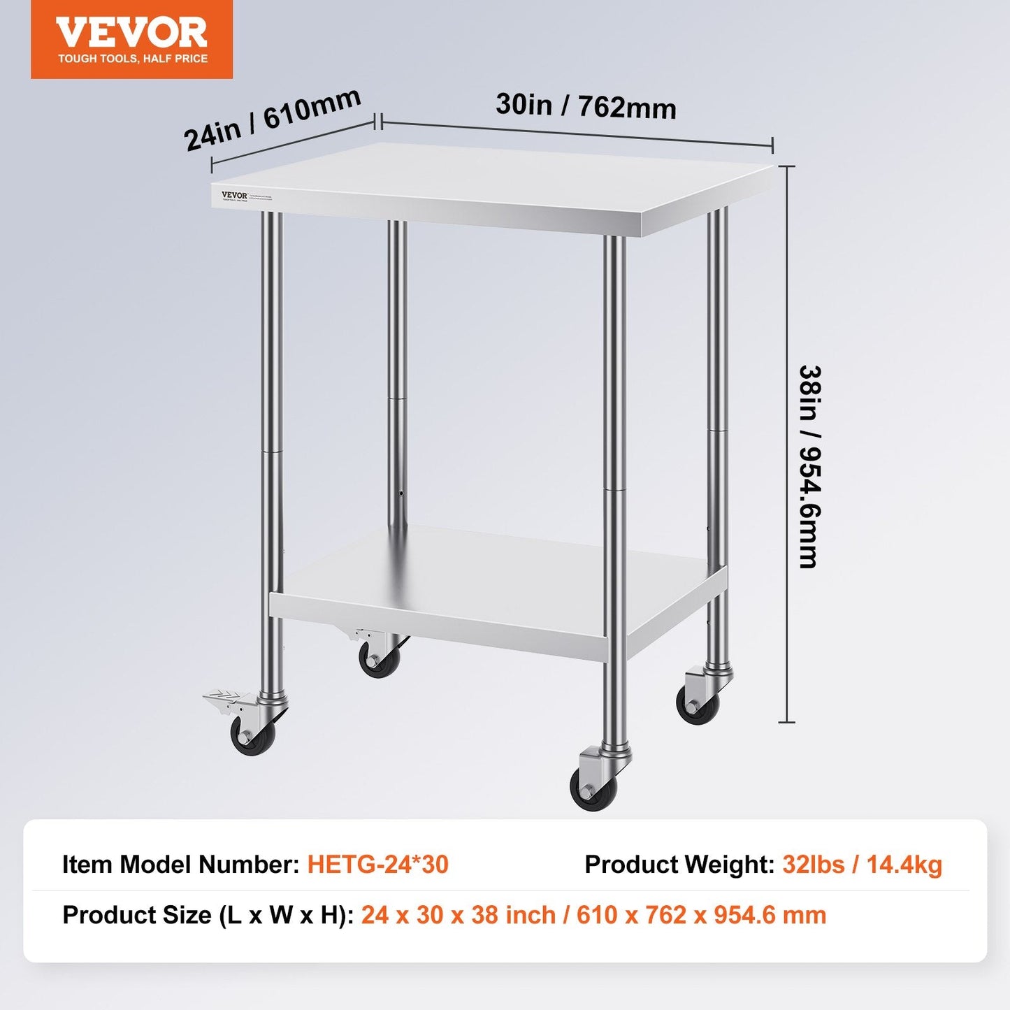 Stainless Steel Work Table with Wheels, Adjustable Height, 0.61 x 0.76 x 0.95 m