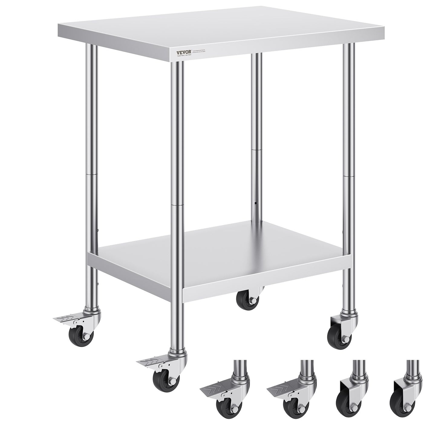 VEVOR Stainless Steel Work Table 24 x 30 x 38 Inch, with 4 Wheels, 3 Adjustable