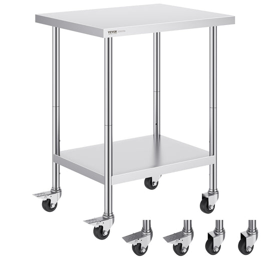 VEVOR Stainless Steel Work Table 24 x 30 x 38 Inch, with 4 Wheels, 3 Adjustable