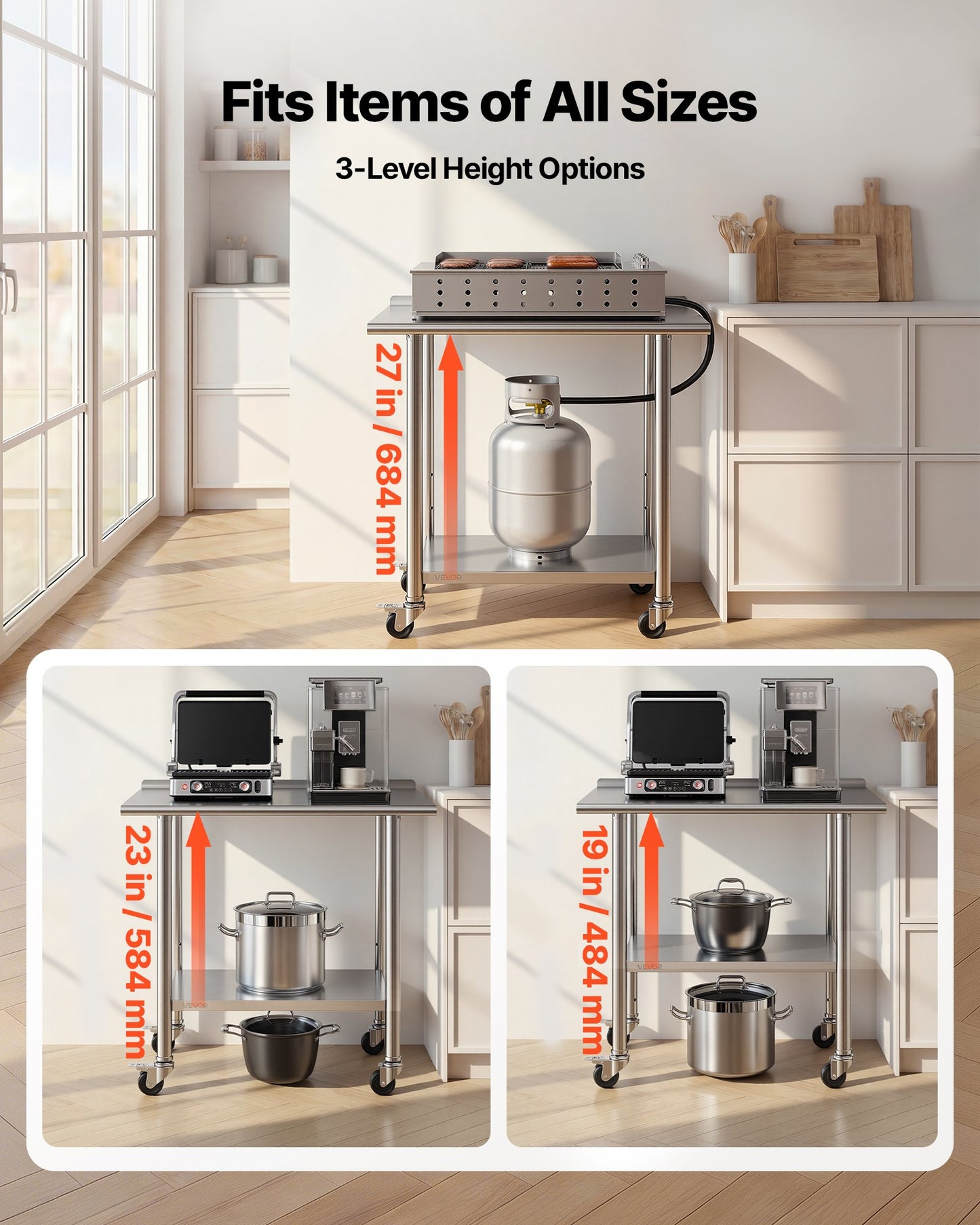 Stainless Steel Work Table, 61x91 cm Food Prep Table with Wheels and Backsplash, Commercial Kitchen Workstation with Adjustable Undershelf, Metal Utility Worktable, for Restaurant Outdoor