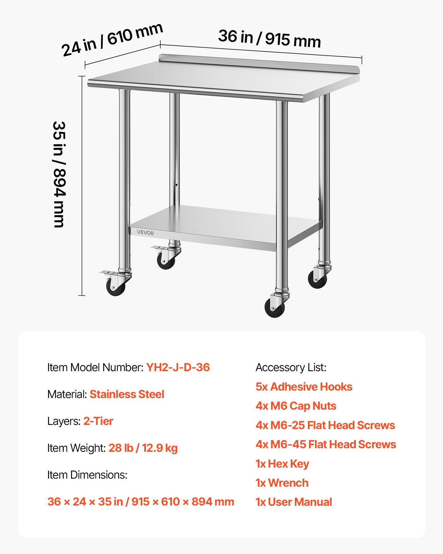 Stainless Steel Work Table, 61x91 cm Food Prep Table with Wheels and Backsplash, Commercial Kitchen Workstation with Adjustable Undershelf, Metal Utility Worktable, for Restaurant Outdoor