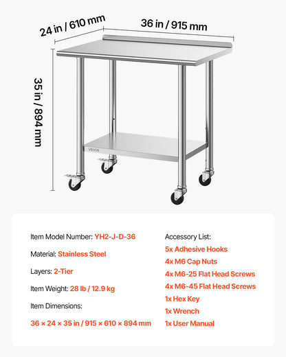 Stainless Steel Work Table, 61x91 cm Food Prep Table with Wheels and Backsplash, Commercial Kitchen Workstation with Adjustable Undershelf, Metal Utility Worktable, for Restaurant Outdoor