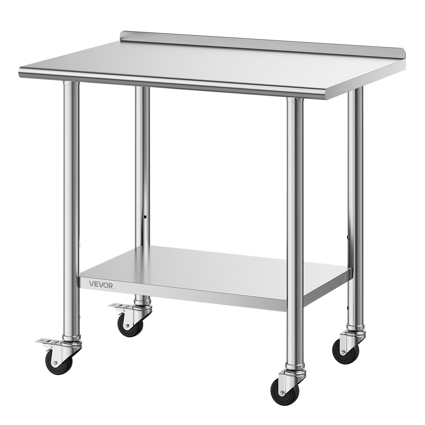 Stainless Steel Work Table, 61x91 cm Food Prep Table with Wheels and Backsplash, Commercial Kitchen Workstation with Adjustable Undershelf, Metal Utility Worktable, for Restaurant Outdoor