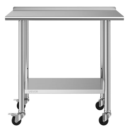 Stainless Steel Work Table, 61x91 cm Food Prep Table with Wheels and Backsplash, Commercial Kitchen Workstation with Adjustable Undershelf, Metal Utility Worktable, for Restaurant Outdoor
