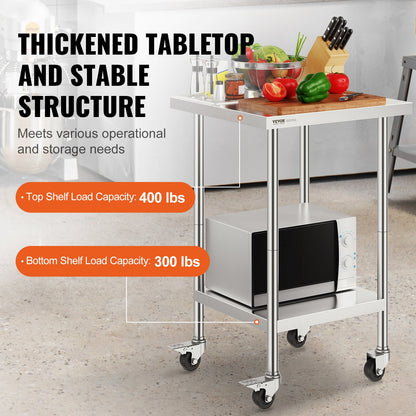 VEVOR Stainless Steel Work Table 24 x 24 x 38 Inch, with 4 Wheels, 3 Adjustable