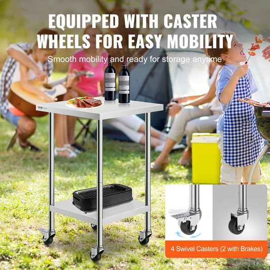 Stainless Steel Work Table with Wheels, Adjustable Height for Commercial Use
