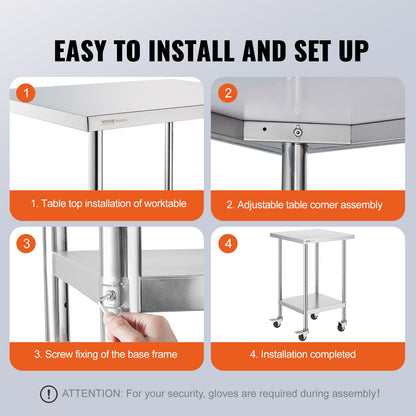 VEVOR Stainless Steel Work Table 24 x 24 x 38 Inch, with 4 Wheels, 3 Adjustable