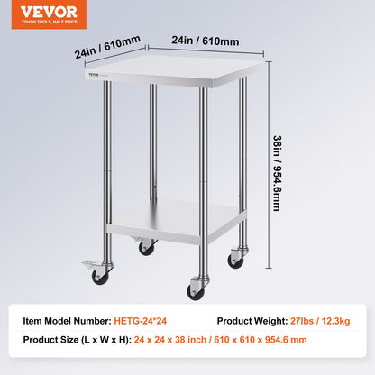 VEVOR Stainless Steel Work Table 24 x 24 x 38 Inch, with 4 Wheels, 3 Adjustable