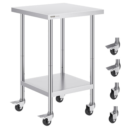 VEVOR Stainless Steel Work Table 24 x 24 x 38 Inch, with 4 Wheels, 3 Adjustable