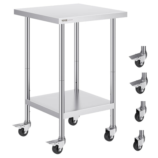VEVOR Stainless Steel Work Table 24 x 24 x 38 Inch, with 4 Wheels, 3 Adjustable