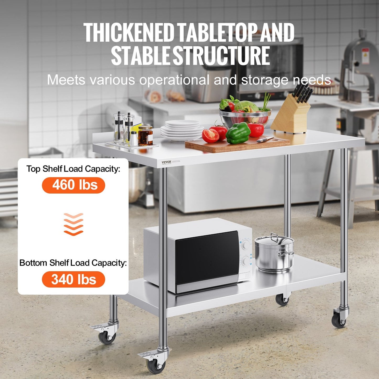Stainless Steel Work Table with Casters, 0.6 x 1.2 x 1 m, Adjustable Height