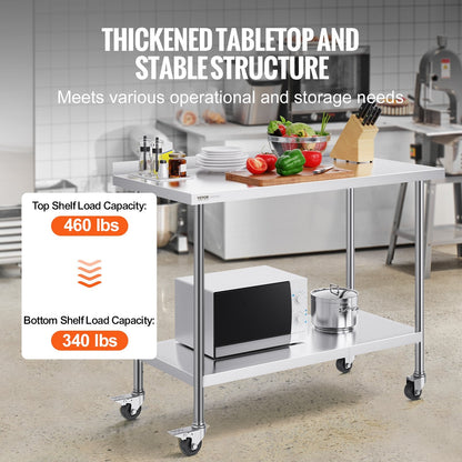 Stainless Steel Work Table with Casters, 0.6 x 1.2 x 1 m, Adjustable Height