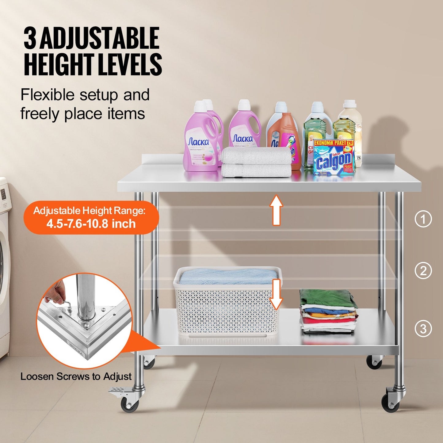 Stainless Steel Work Table with Casters, 0.6 x 1.2 x 1 m, Adjustable Height